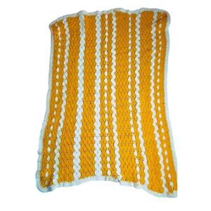 Mustard Yellow Ivory White Handmade Crochet Granny Afgan Blanket 49" x 38"